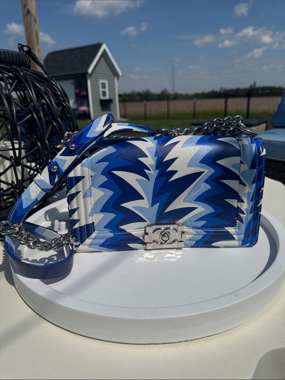 CHANEL Blue & White Chevron Boy Bag with Chain Strap - Picture 1 of 12